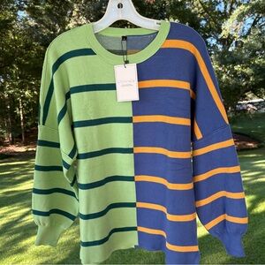 ETCYY NEW Blue, Gold and Green Striped Long Sleeve Women’s Sweater Sz S